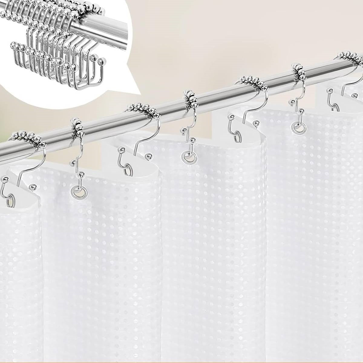 White waffle textured shower curtain set with clear PEVA liner and stainless steel hooks — view 3