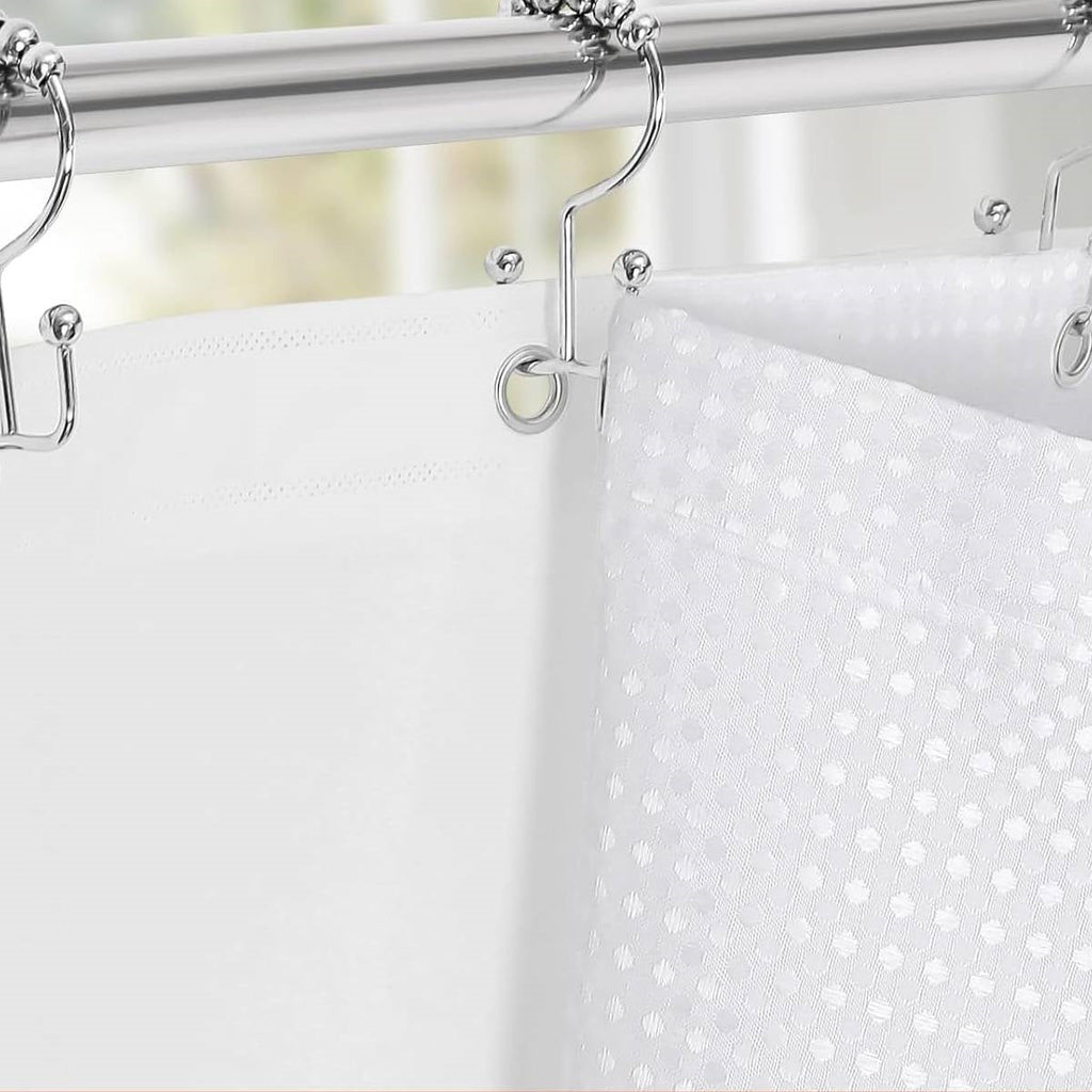 White waffle textured shower curtain set with clear PEVA liner and stainless steel hooks — view 4