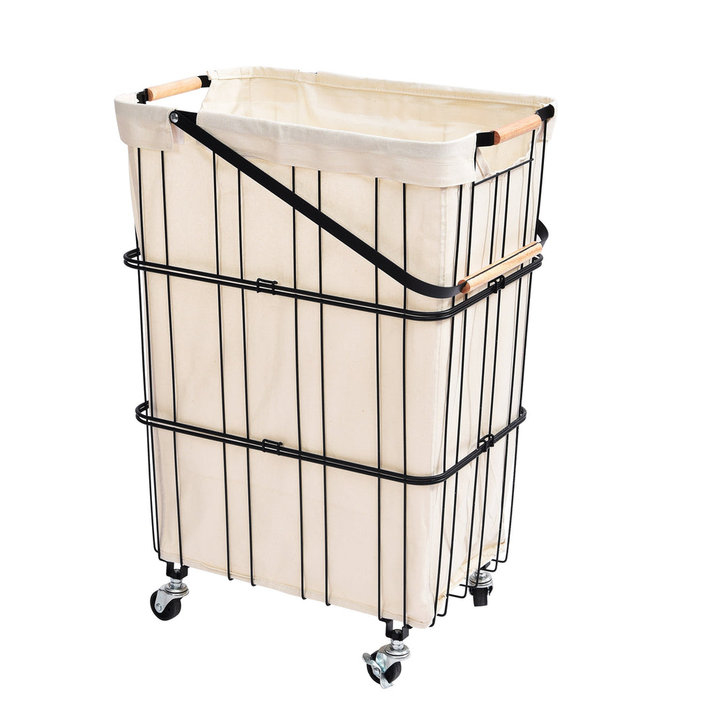 Black mobile rolling laundry cart with heavy duty metal wheels, removable bag, and wood accent handles