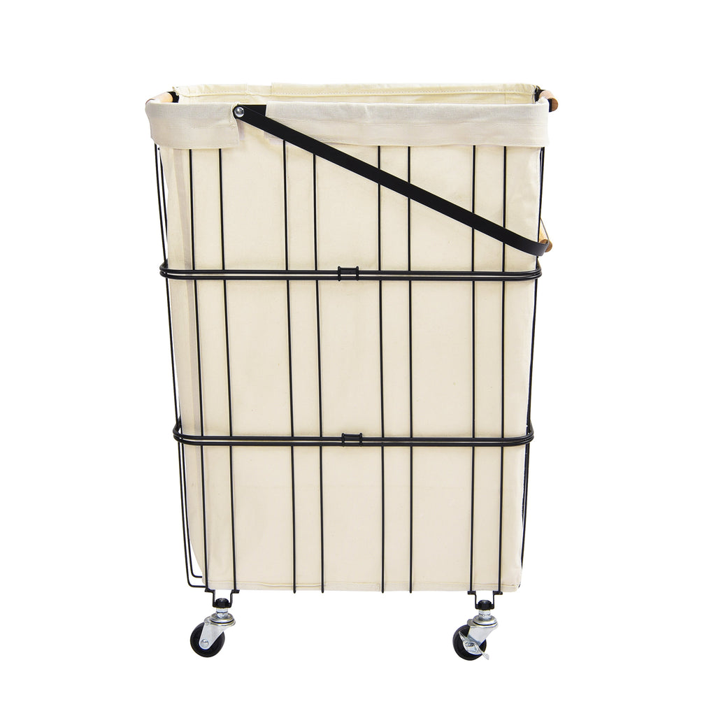 Black mobile rolling laundry cart with heavy duty metal wheels, removable bag, and wood accent handles — view 2