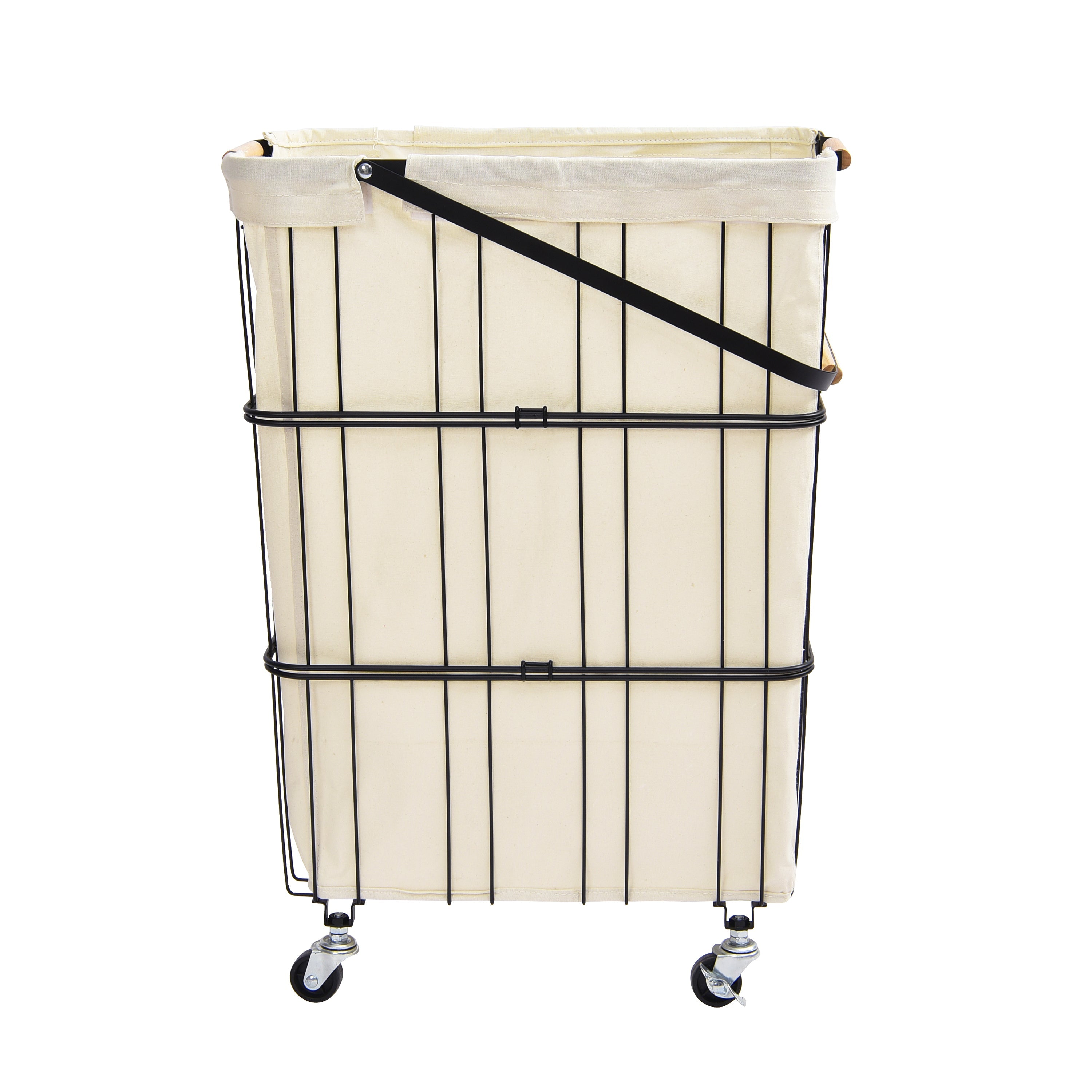 Black mobile rolling laundry cart with heavy duty metal wheels, removable bag, and wood accent handles — view 2