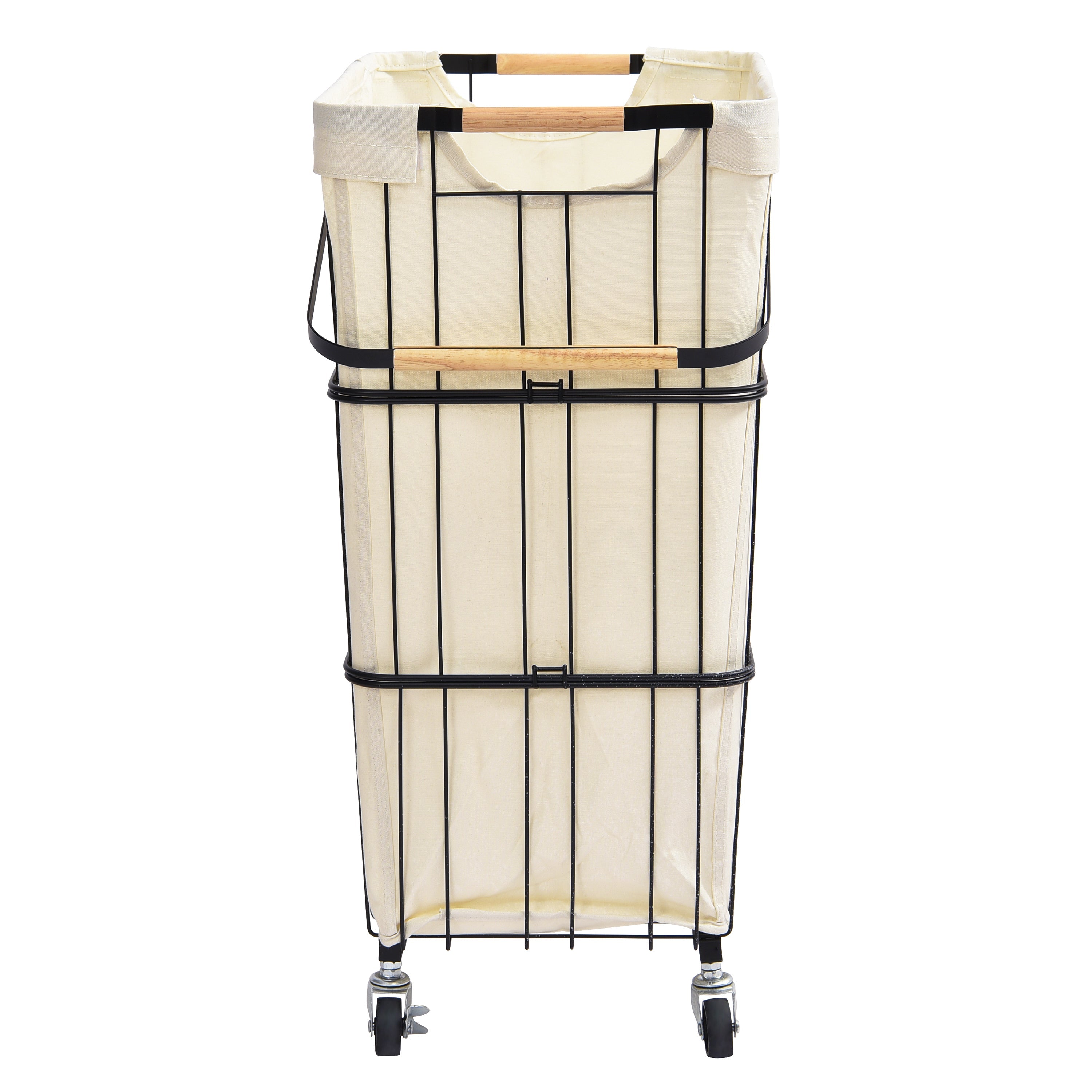 Black mobile rolling laundry cart with heavy duty metal wheels, removable bag, and wood accent handles — view 3