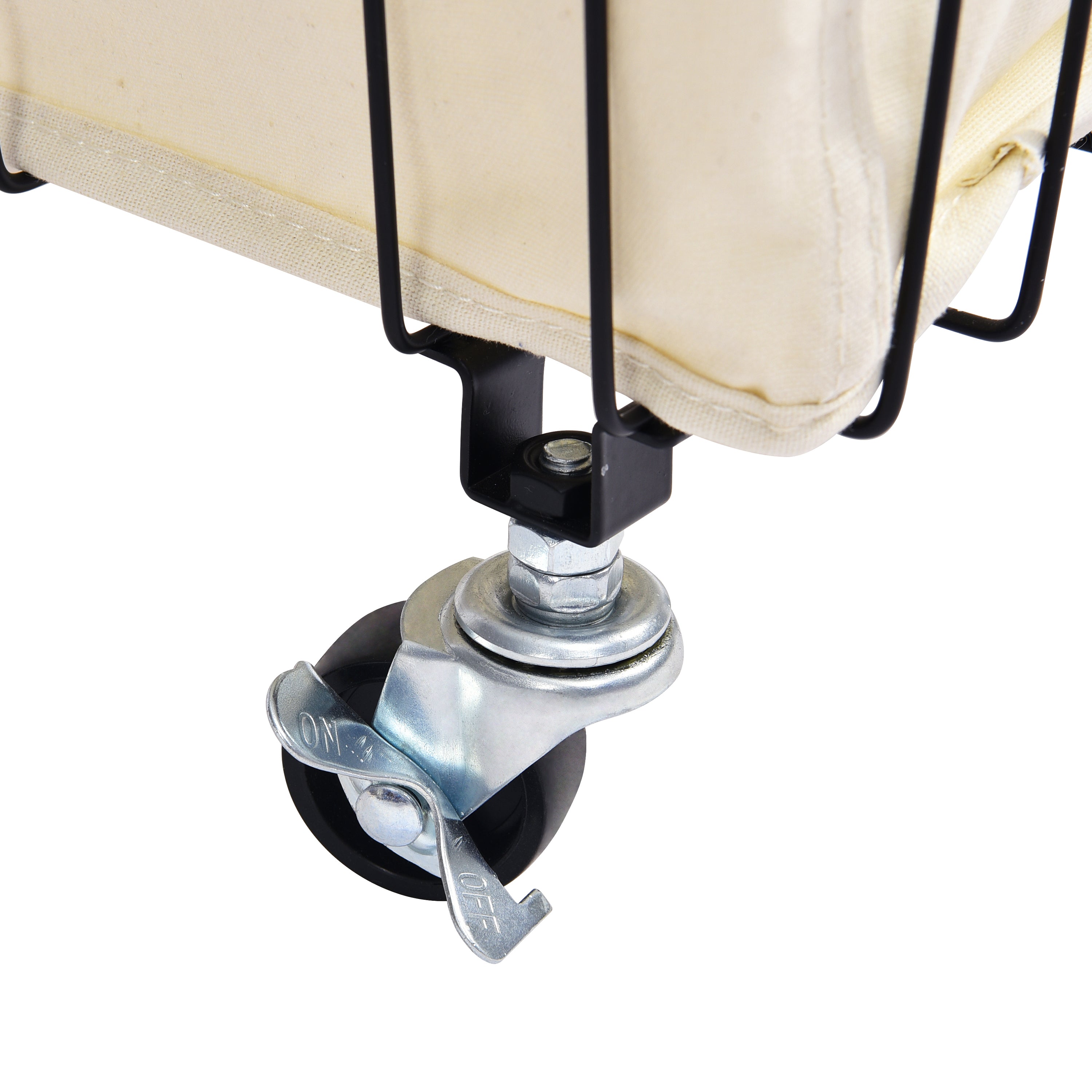 Black mobile rolling laundry cart with heavy duty metal wheels, removable bag, and wood accent handles — view 5