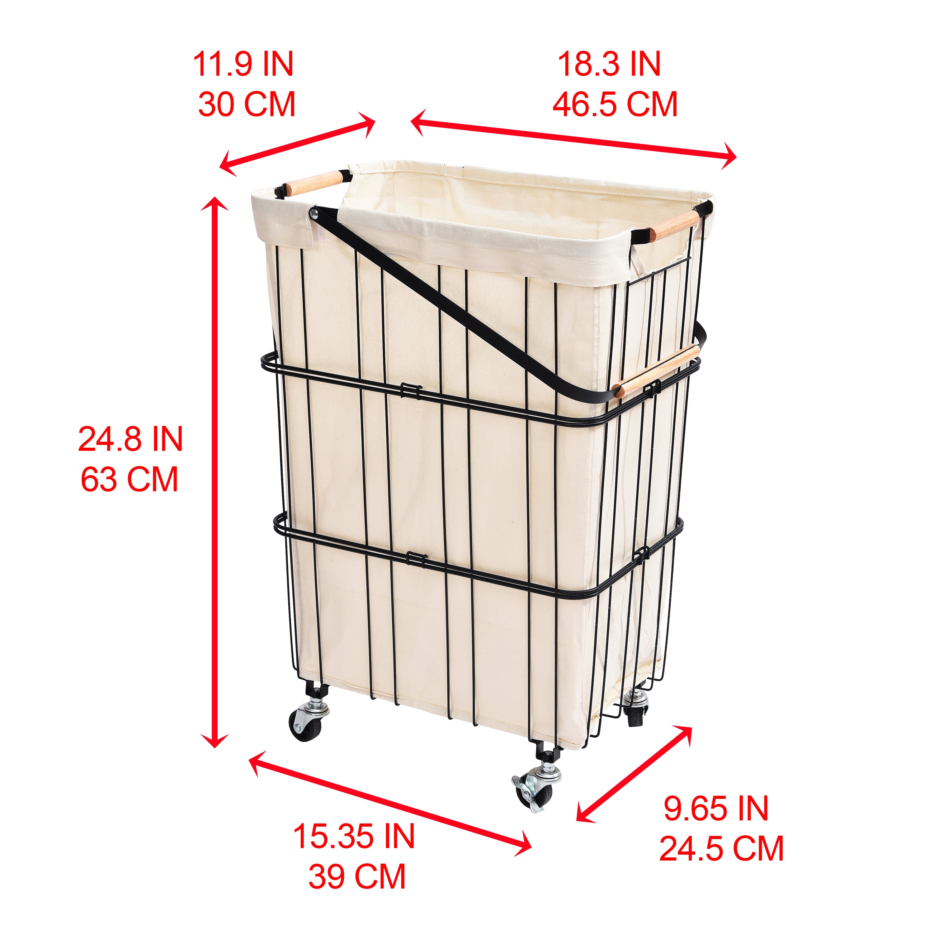 Black mobile rolling laundry cart with heavy duty metal wheels, removable bag, and wood accent handles — view 6
