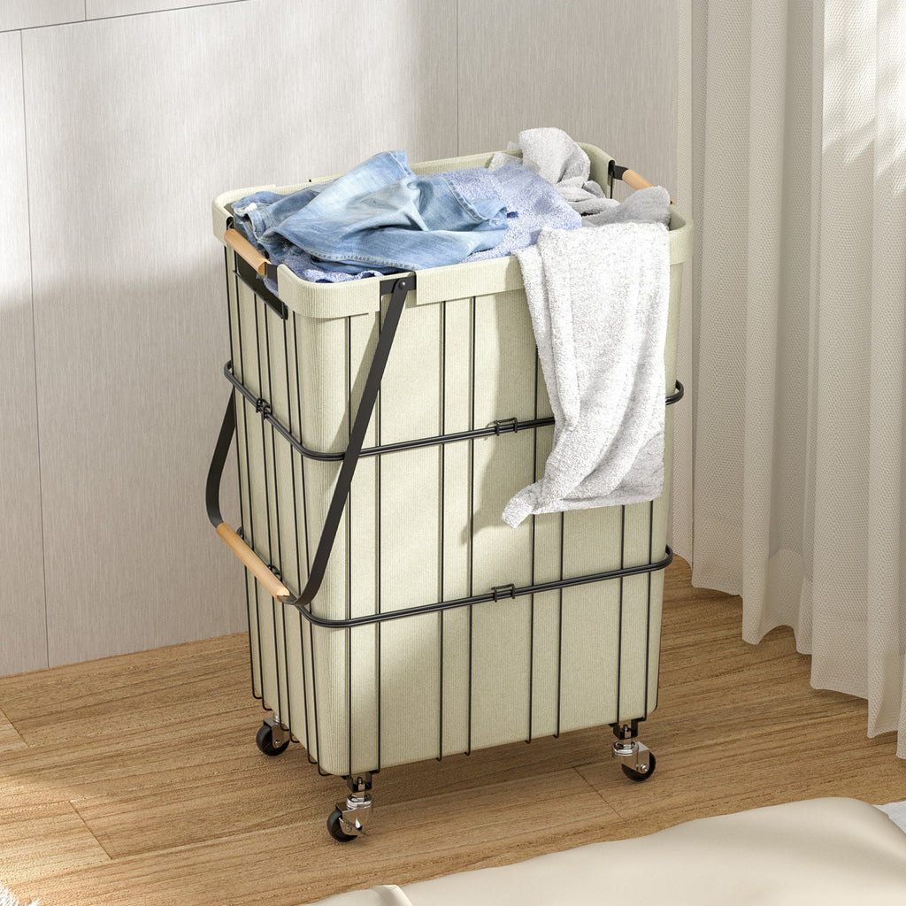Black mobile rolling laundry cart with heavy duty metal wheels, removable bag, and wood accent handles — view 7
