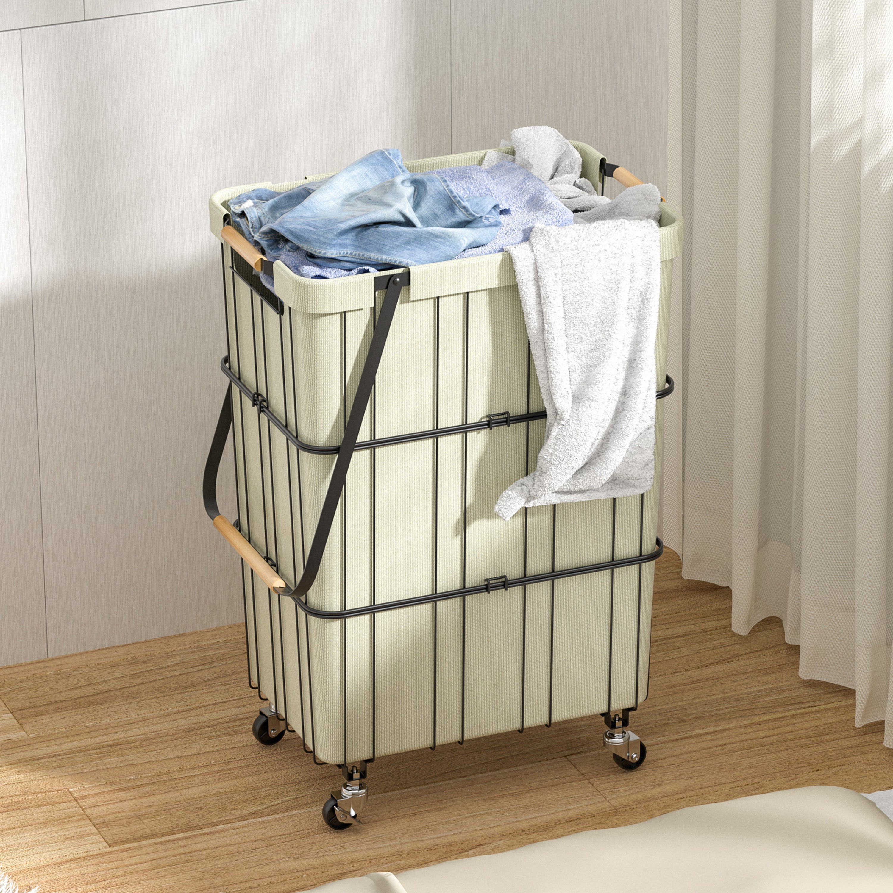 Black mobile rolling laundry cart with heavy duty metal wheels, removable bag, and wood accent handles — view 7