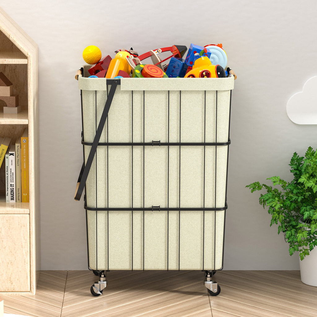 Black mobile rolling laundry cart with heavy duty metal wheels, removable bag, and wood accent handles — view 8