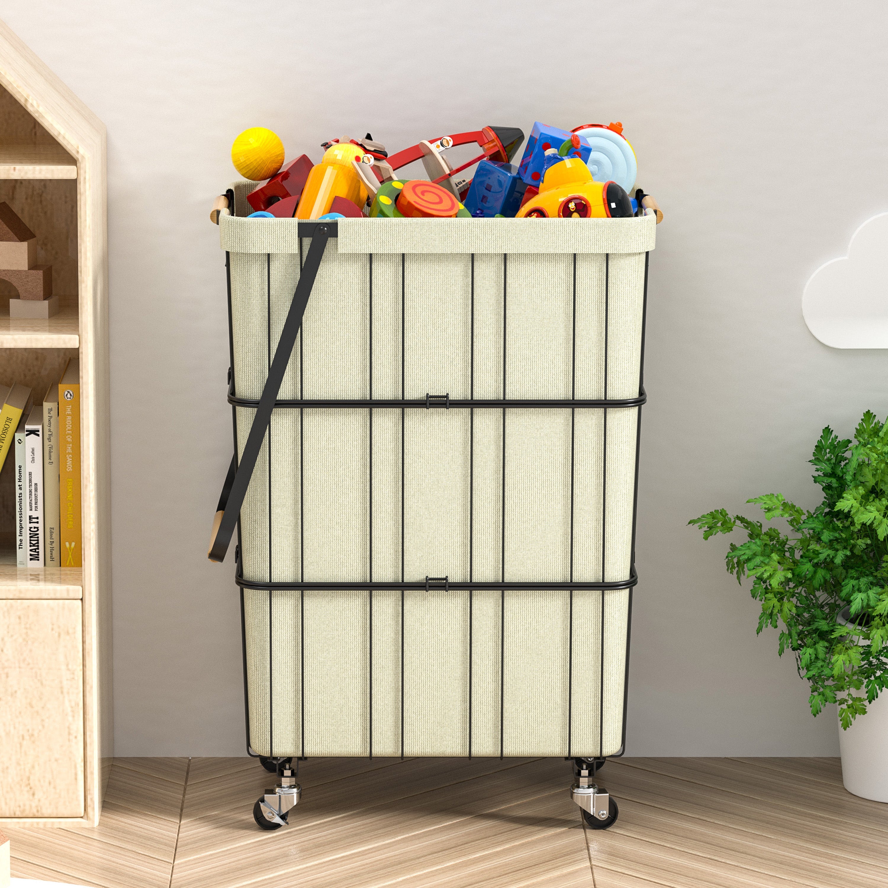 Black mobile rolling laundry cart with heavy duty metal wheels, removable bag, and wood accent handles — view 8