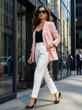 Blush pink women's collarless blazer with open front, structured shoulders, and slim tailored fit.