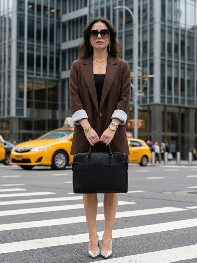Women's oversized chocolate brown blazer with single button closure and relaxed peak lapel tailoring — view 2
