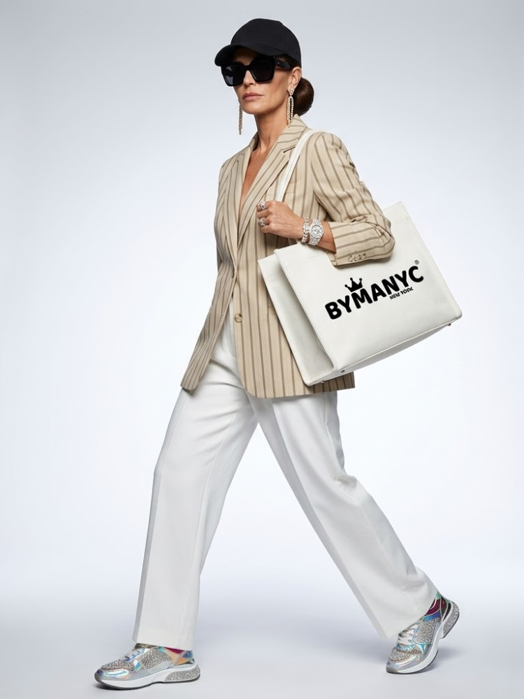 Women's beige striped Nolita blazer with notched lapels and two-button front closure. — view 2