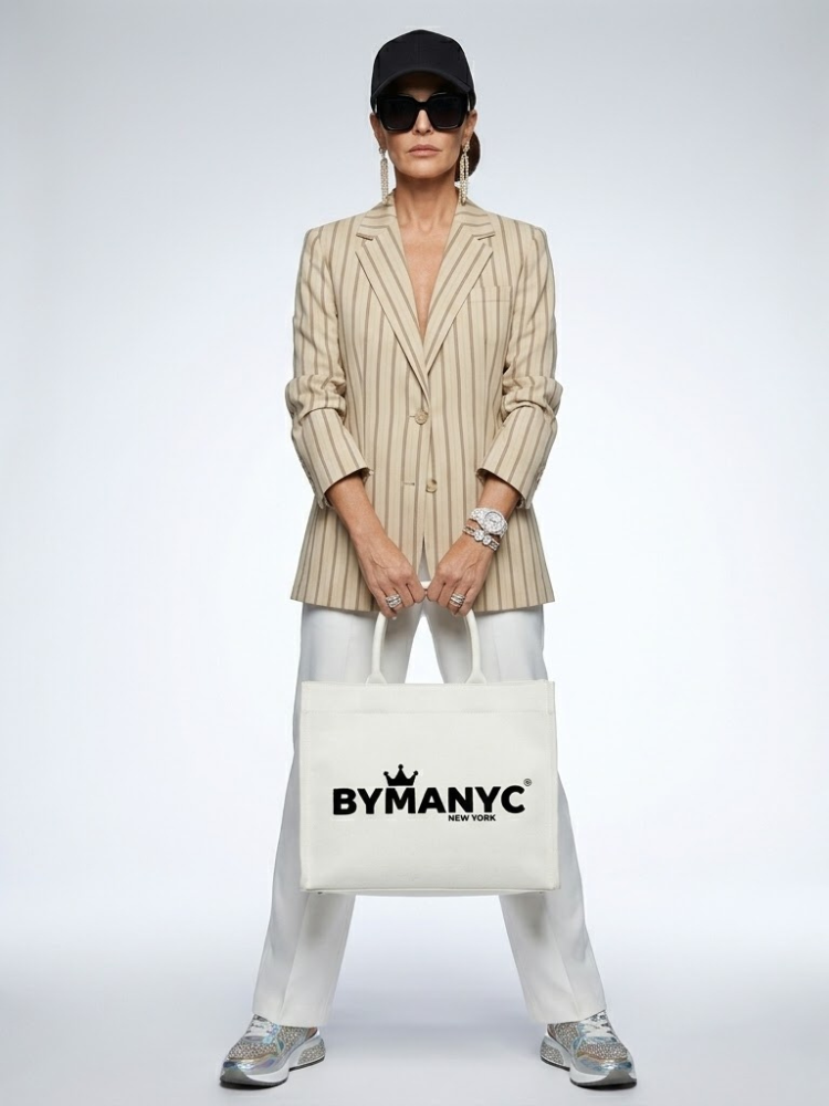 Women's beige striped Nolita blazer with notched lapels and two-button front closure.