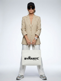 Women's beige striped Nolita blazer with notched lapels and two-button front closure.