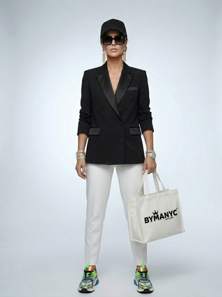 Women's black tuxedo blazer with satin peak lapels and double breasted front, tailored fit