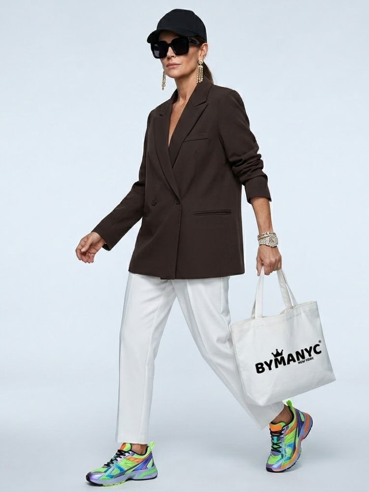 Women's brown herringbone tweed blazer featuring a collarless V-neckline and elegant gold-tone button closures. — view 2
