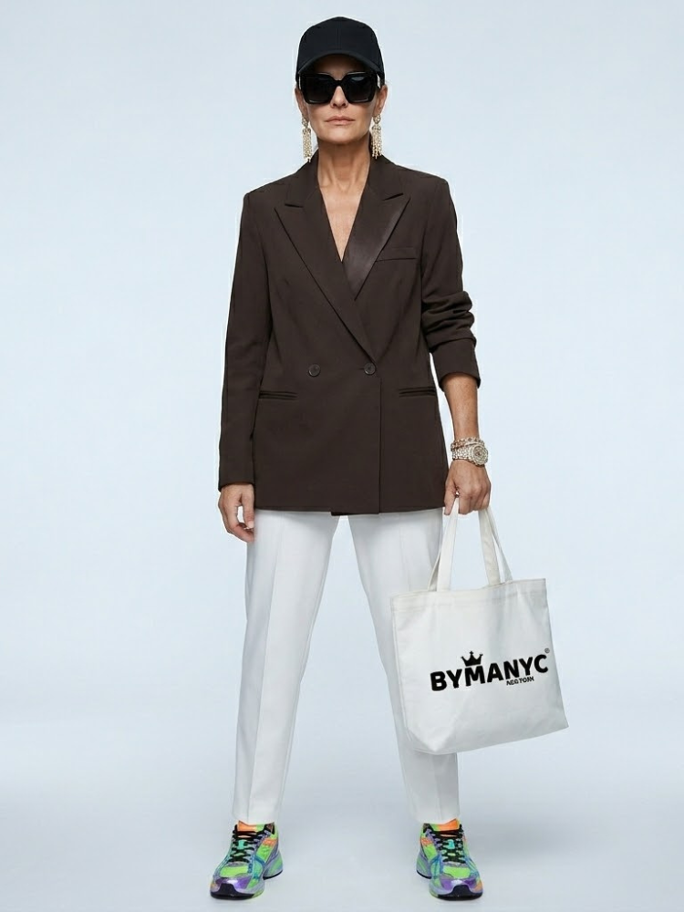 Women's brown herringbone tweed blazer featuring a collarless V-neckline and elegant gold-tone button closures.