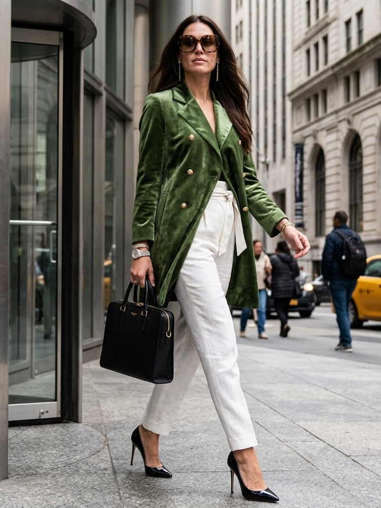 Olive green velvet women's longline blazer with structured shoulders and embossed gold double-breasted buttons