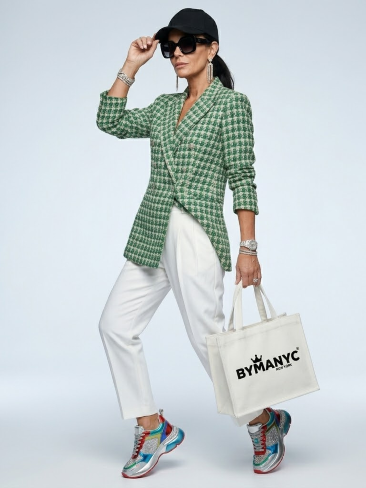 Women's green and cream tweed double-breasted blazer with decorative gold metallic buttons and V-neck. — view 2