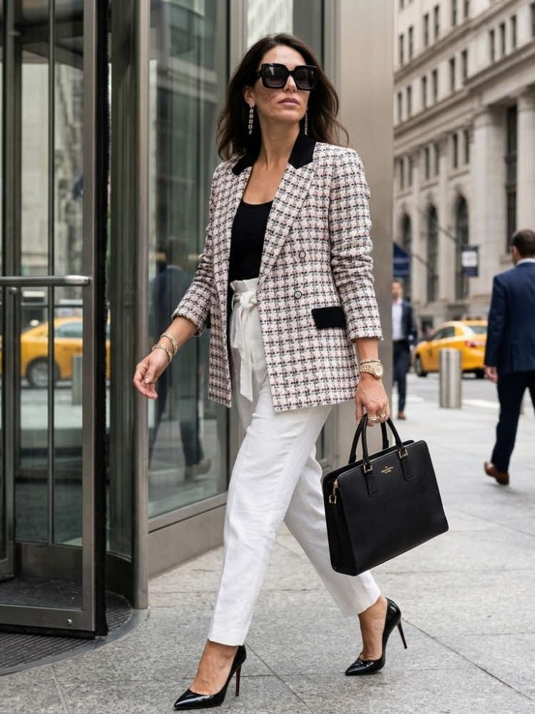 Women's double-breasted pink and grey tweed blazer with black velvet contrast lapels and decorative buttons. — view 2
