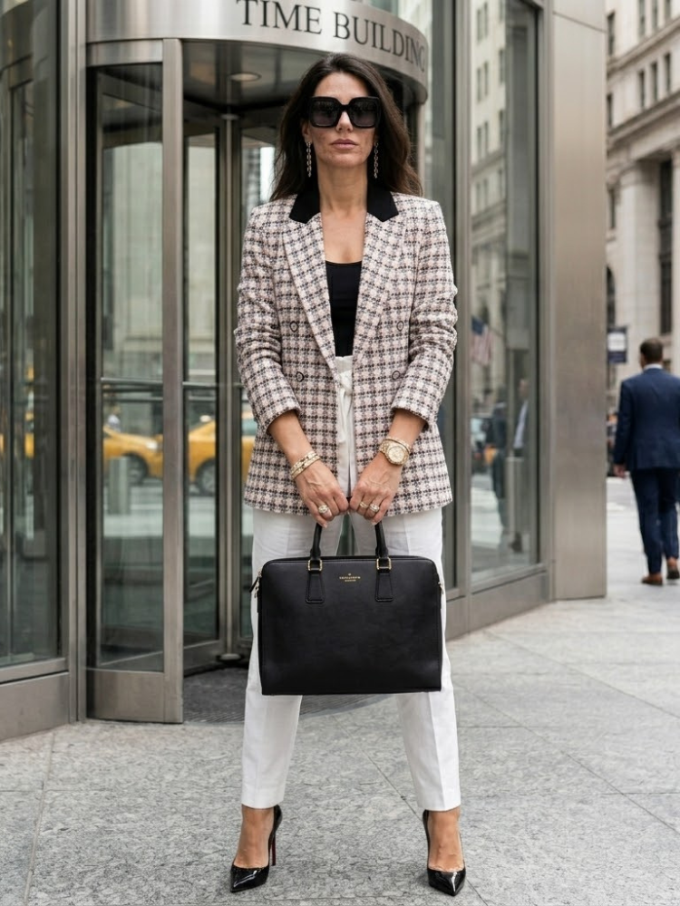 Women's double-breasted pink and grey tweed blazer with black velvet contrast lapels and decorative buttons.