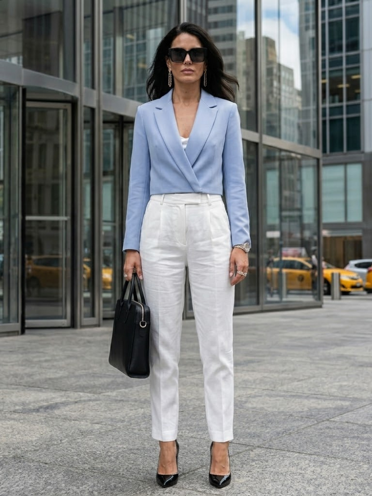 Women's sky blue asymmetrical tailored blazer with structured shoulders and hidden closure.