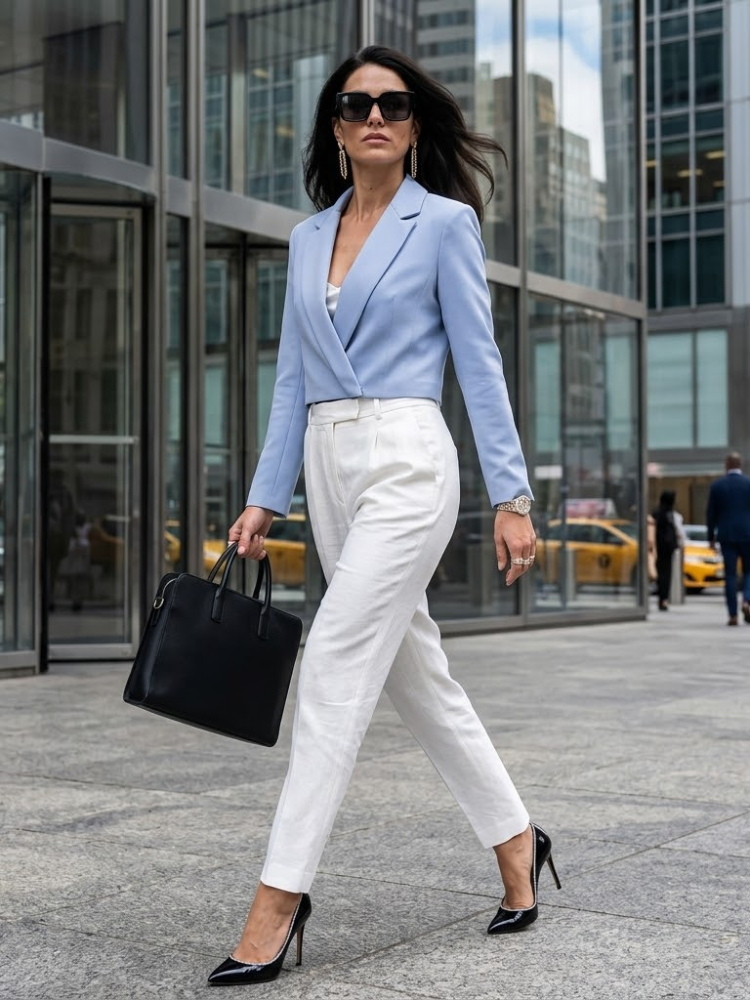 Women's sky blue asymmetrical tailored blazer with structured shoulders and hidden closure. — view 2