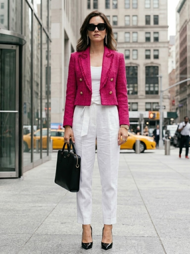 Women's Tribeca double-breasted tailored blazer with textured fabric, peak lapels, and embossed gold buttons. — view 2