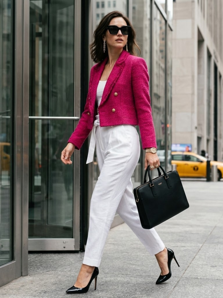 Women's Tribeca double-breasted tailored blazer with textured fabric, peak lapels, and embossed gold buttons.