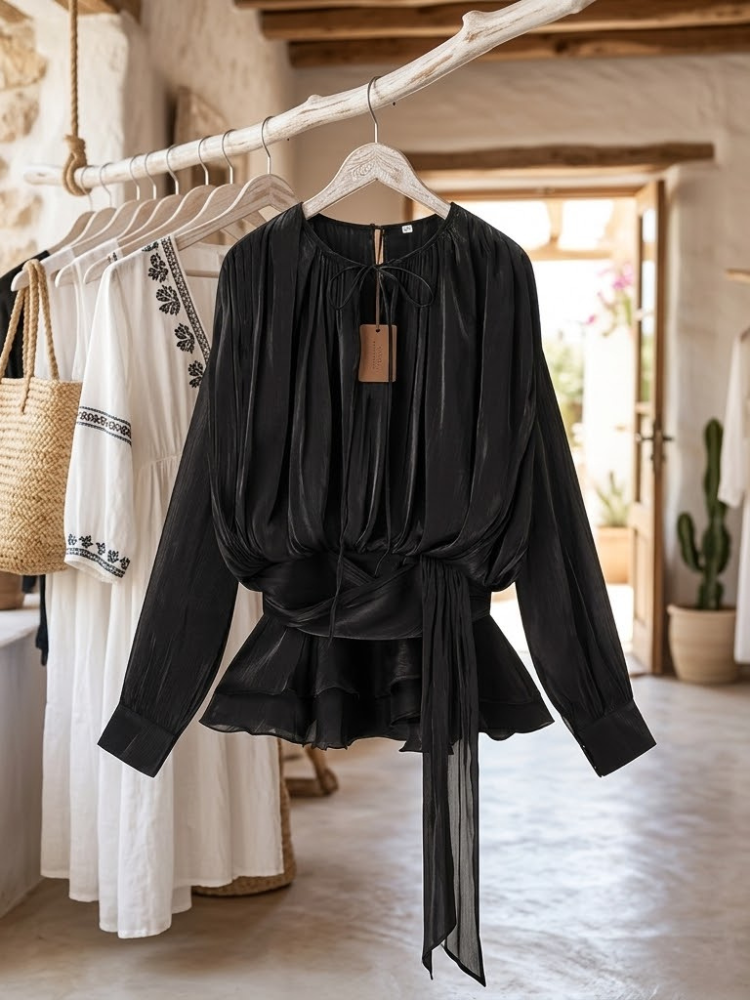 Womens black pleated chiffon wrap blouse with long sleeves and peplum hem — view 2