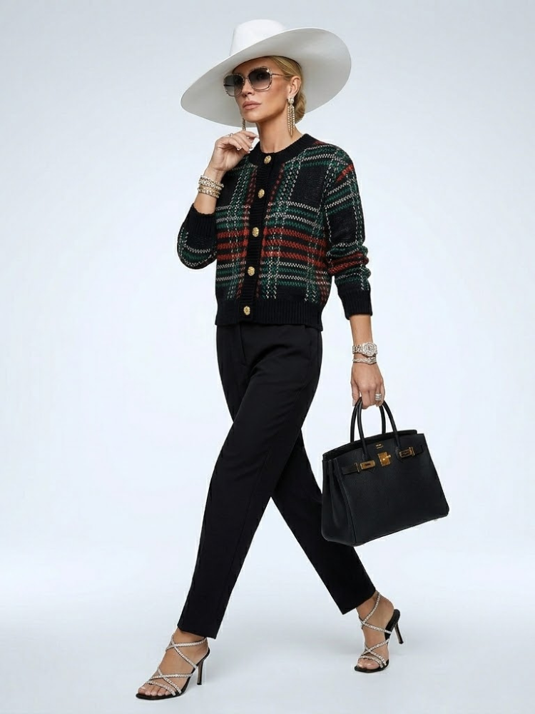 Women's Yorkville plaid cardigan jacket in deep tones featuring premium wool blend and embossed gold buttons — view 2