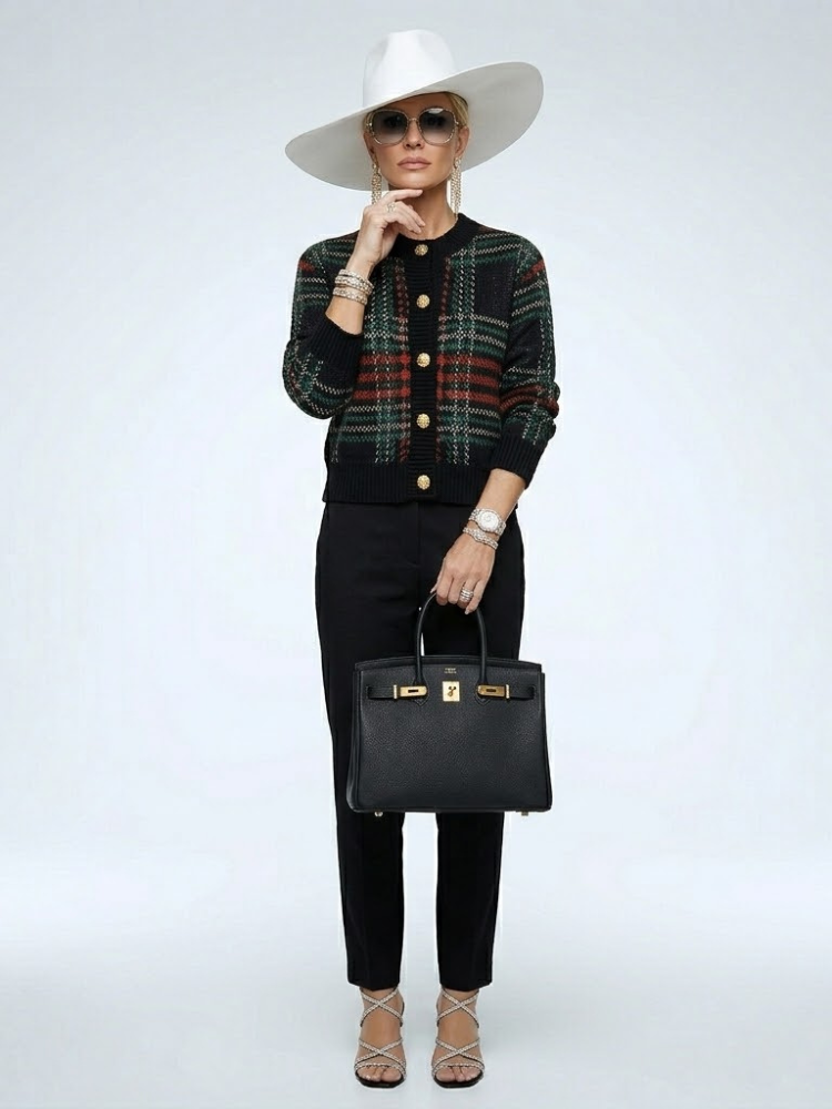 Women's Yorkville plaid cardigan jacket in deep tones featuring premium wool blend and embossed gold buttons