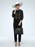 Women's Yorkville plaid cardigan jacket in deep tones featuring premium wool blend and embossed gold buttons