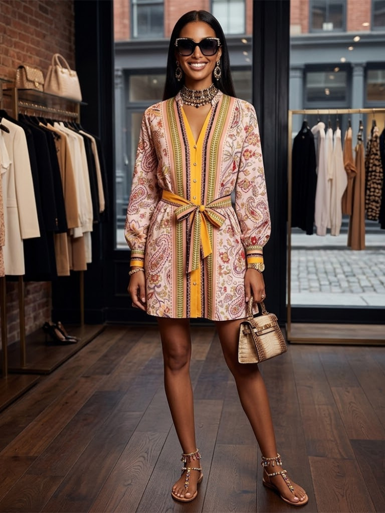 Women's elegant long-sleeve maxi dress in vibrant multi-colored paisley print with a ruffled tiered skirt