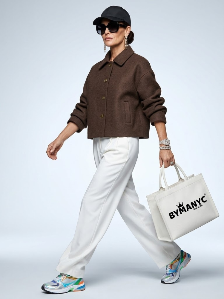 Madison brown wool jacket for women oversized short coat with wide sleeves and four button front