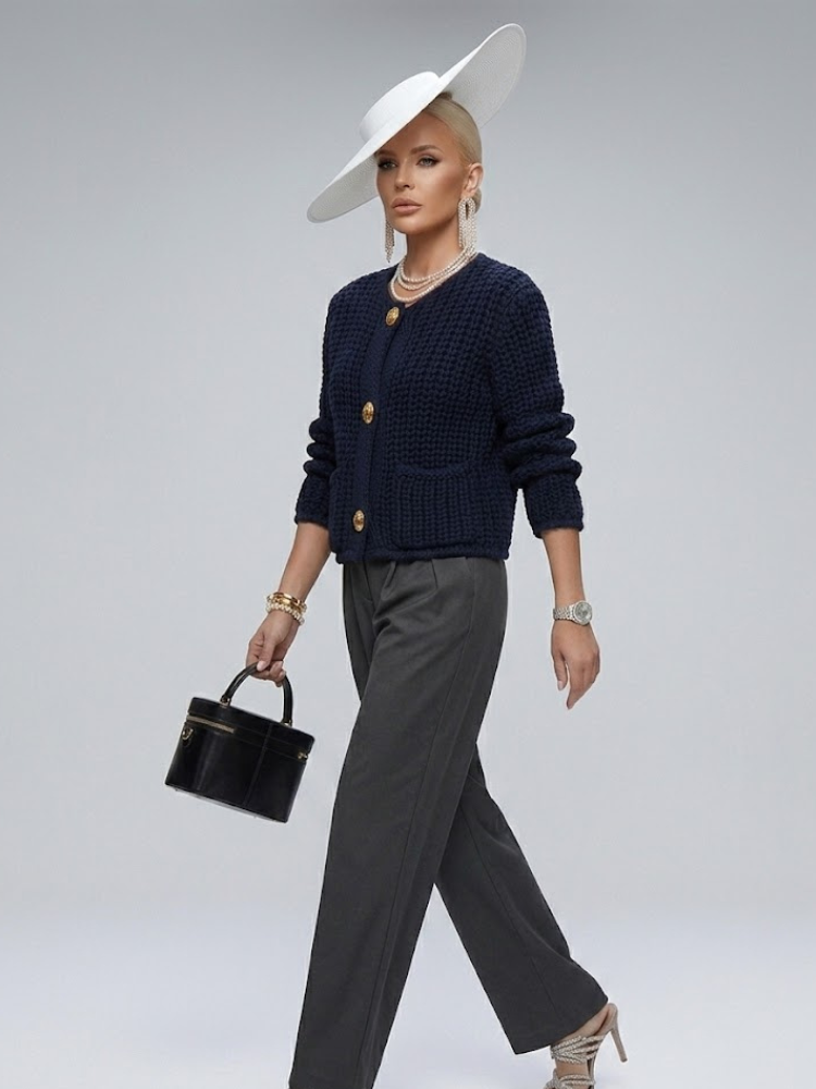 Navy blue chunky knit women's jacket featuring oversized gold buttons and a structured elegant silhouette — view 2
