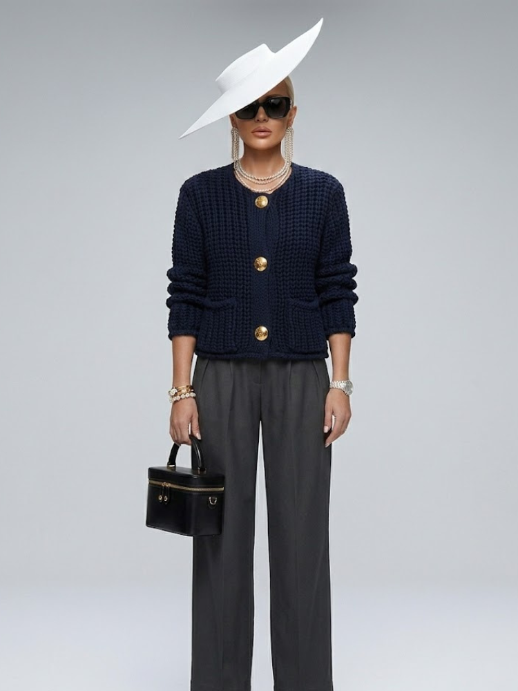 Navy blue chunky knit women's jacket featuring oversized gold buttons and a structured elegant silhouette