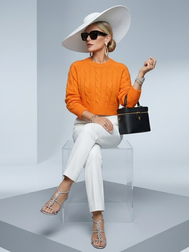 Orange chunky cable-knit women's cropped sweater with long sleeves and textured pattern
