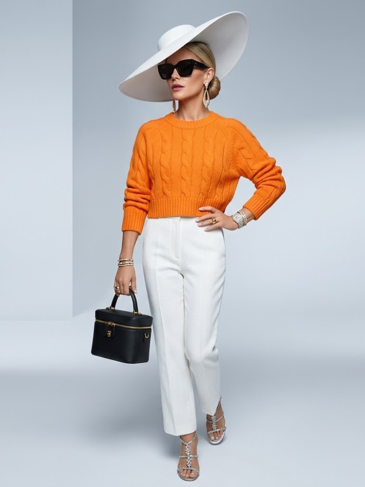 Orange chunky cable-knit women's cropped sweater with long sleeves and textured pattern — view 2