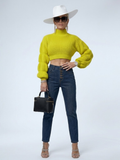 Women's lime green cropped sweater with mock neck and sculpted balloon sleeves