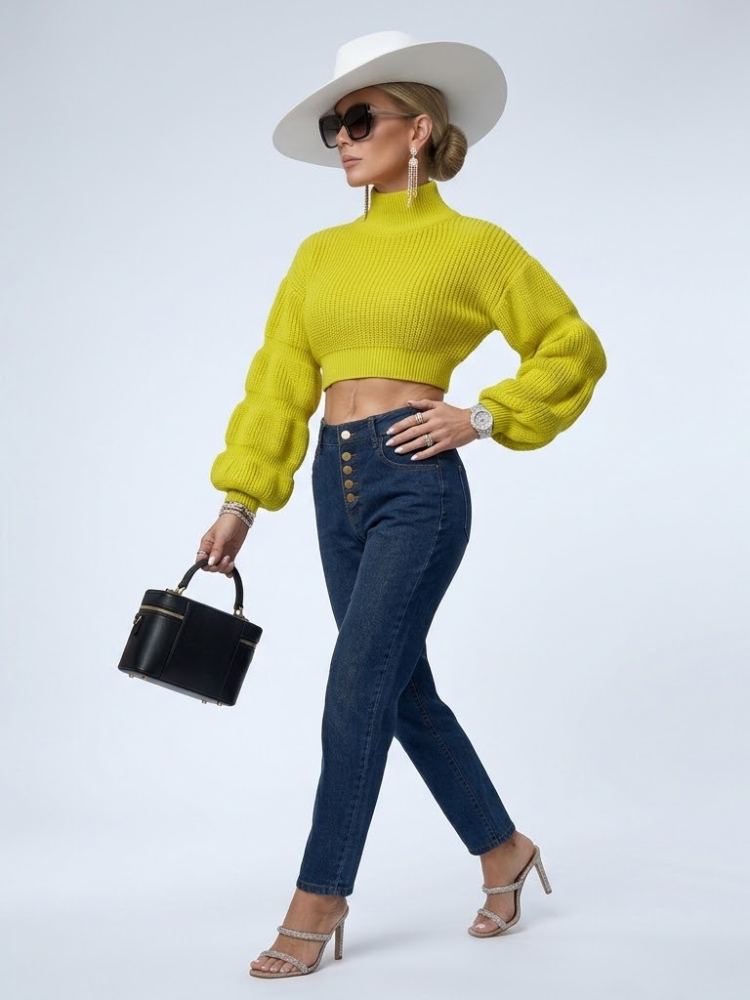 Women's lime green cropped sweater with mock neck and sculpted balloon sleeves — view 2