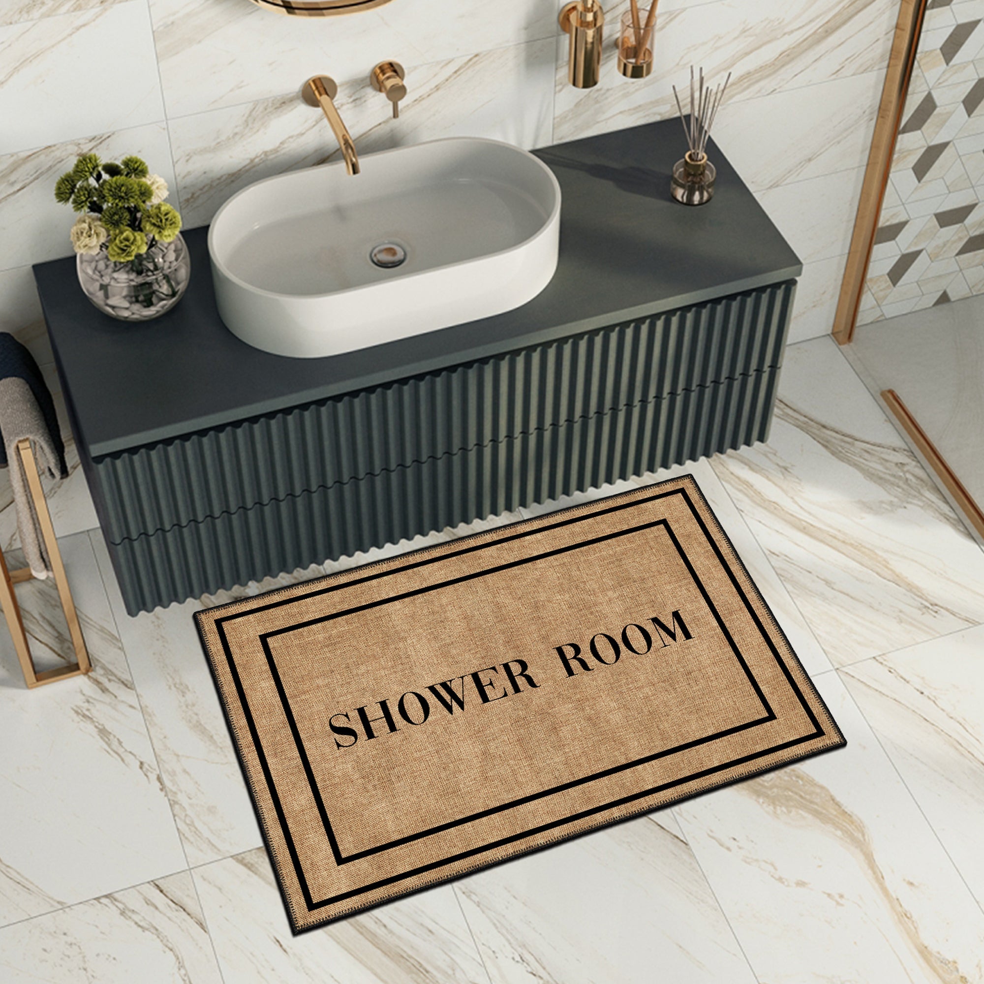 Vintage boho style Alaska bath mat featuring a plush chenille surface and non slip cotton base — view 3