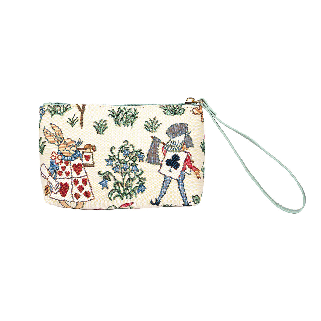 Alice in Wonderland woven tapestry wristlet bag with vegan leather hand loop for phone