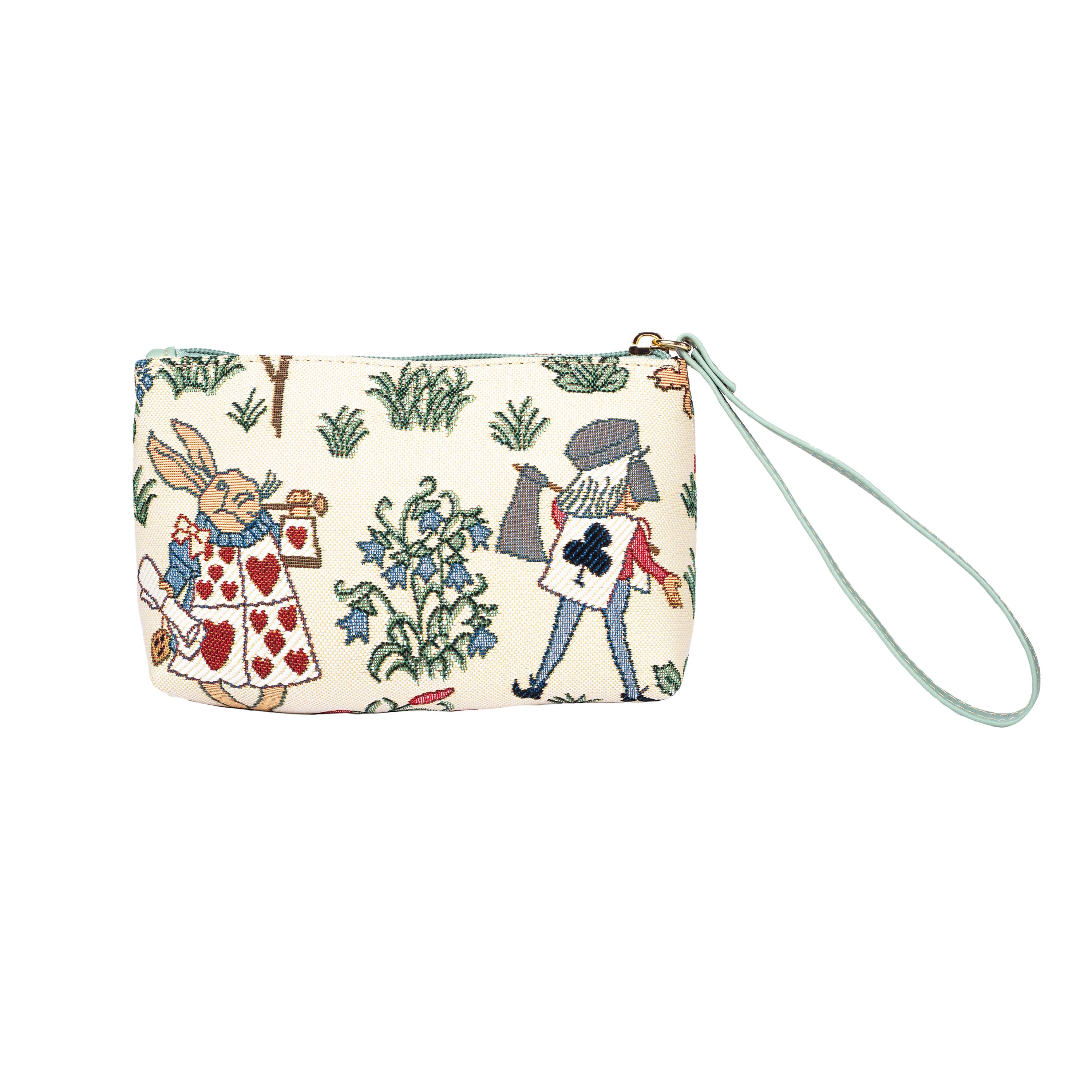 Alice in Wonderland woven tapestry wristlet bag with vegan leather hand loop for phone