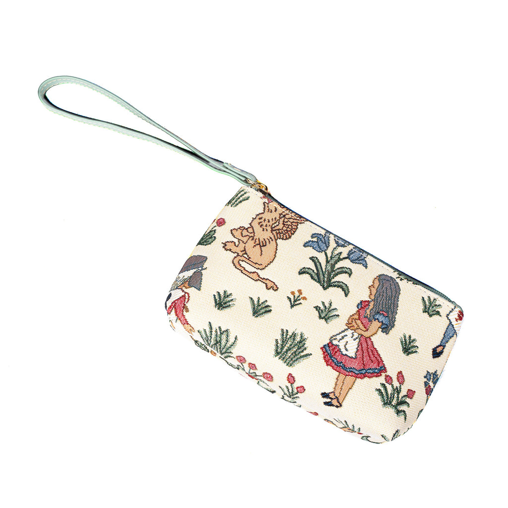 Alice in Wonderland woven tapestry wristlet bag with vegan leather hand loop for phone — view 3