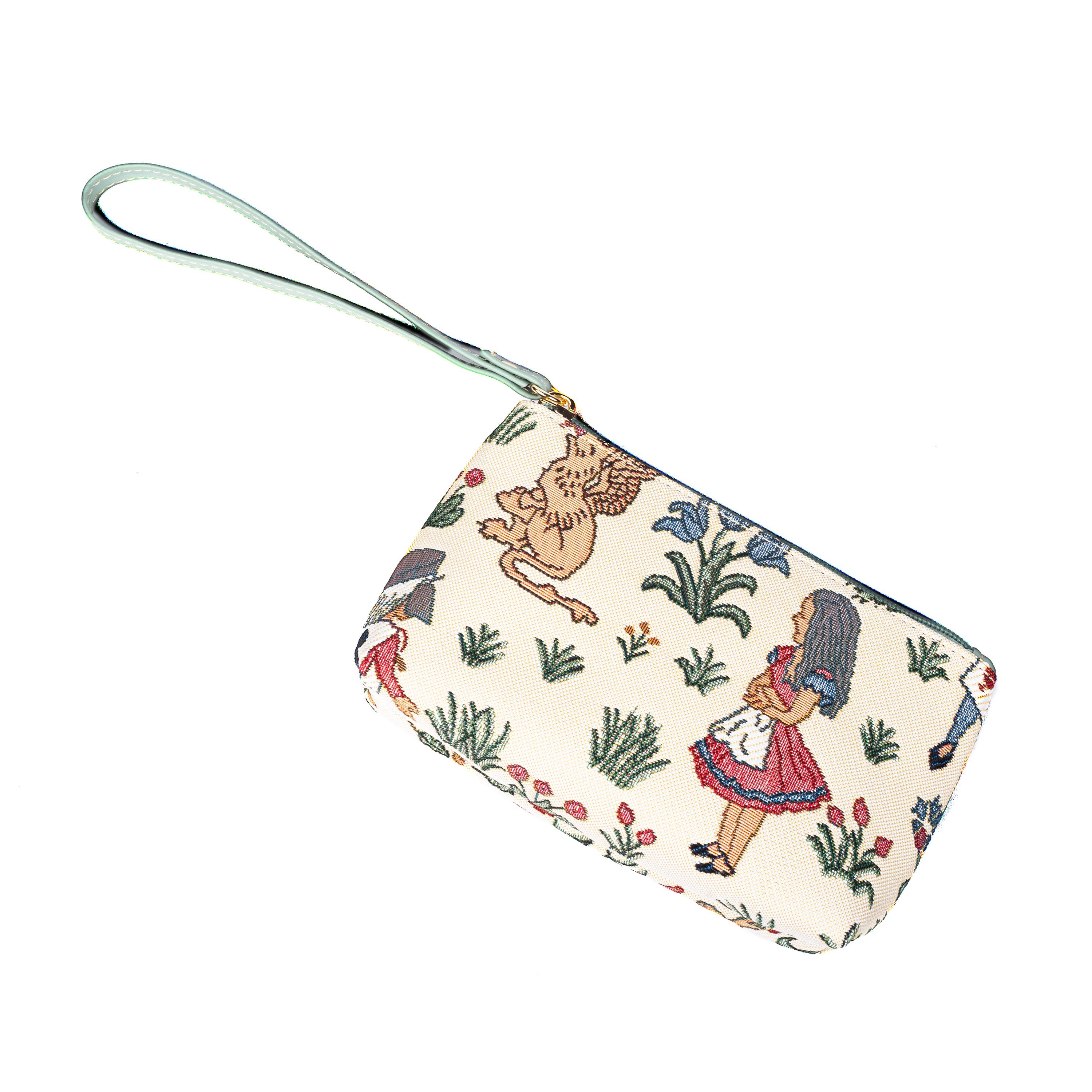 Alice in Wonderland woven tapestry wristlet bag with vegan leather hand loop for phone — view 3