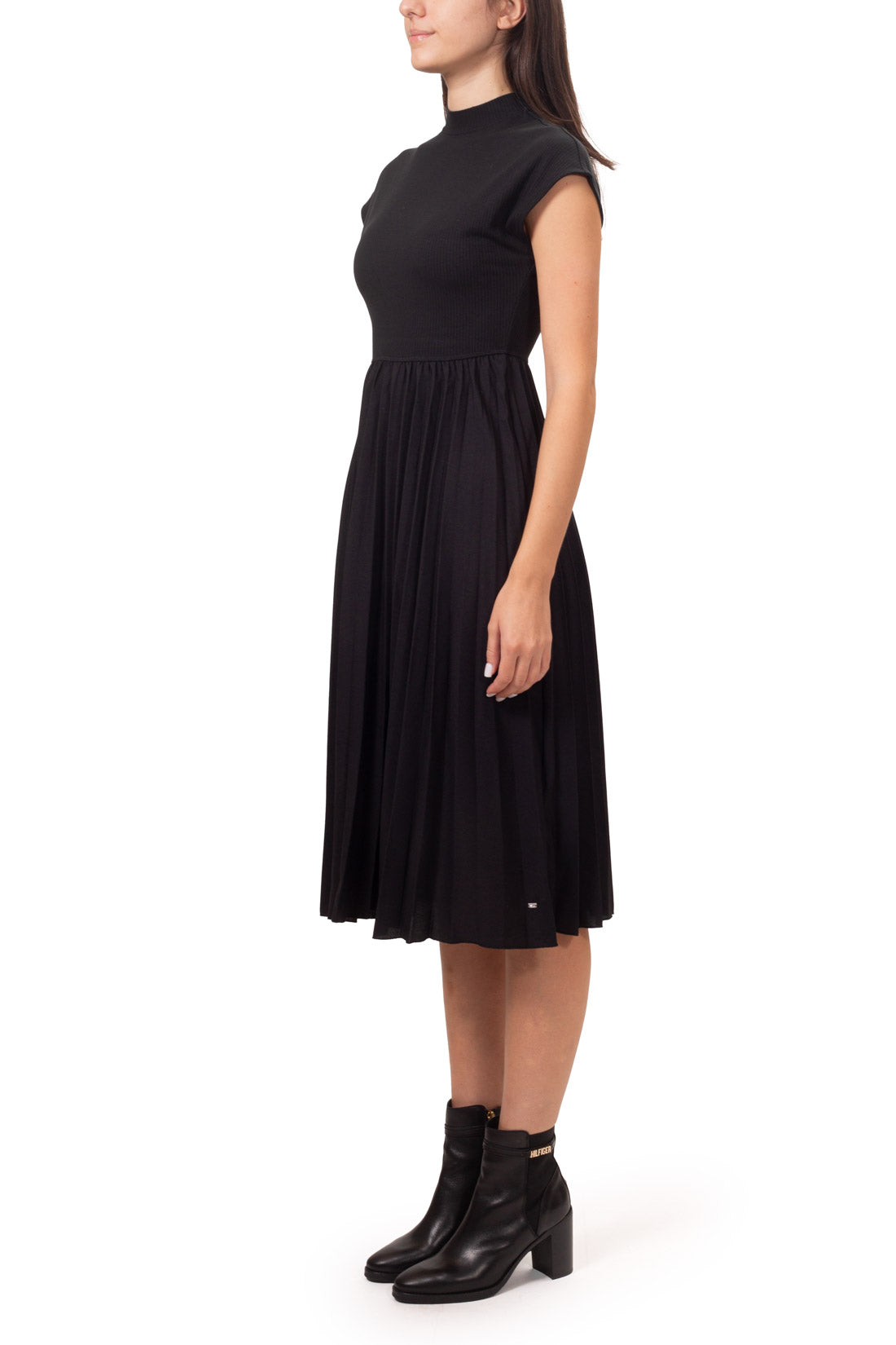 Black stretch viscose mock neck midi dress with ribbed top and pleated skirt — view 2