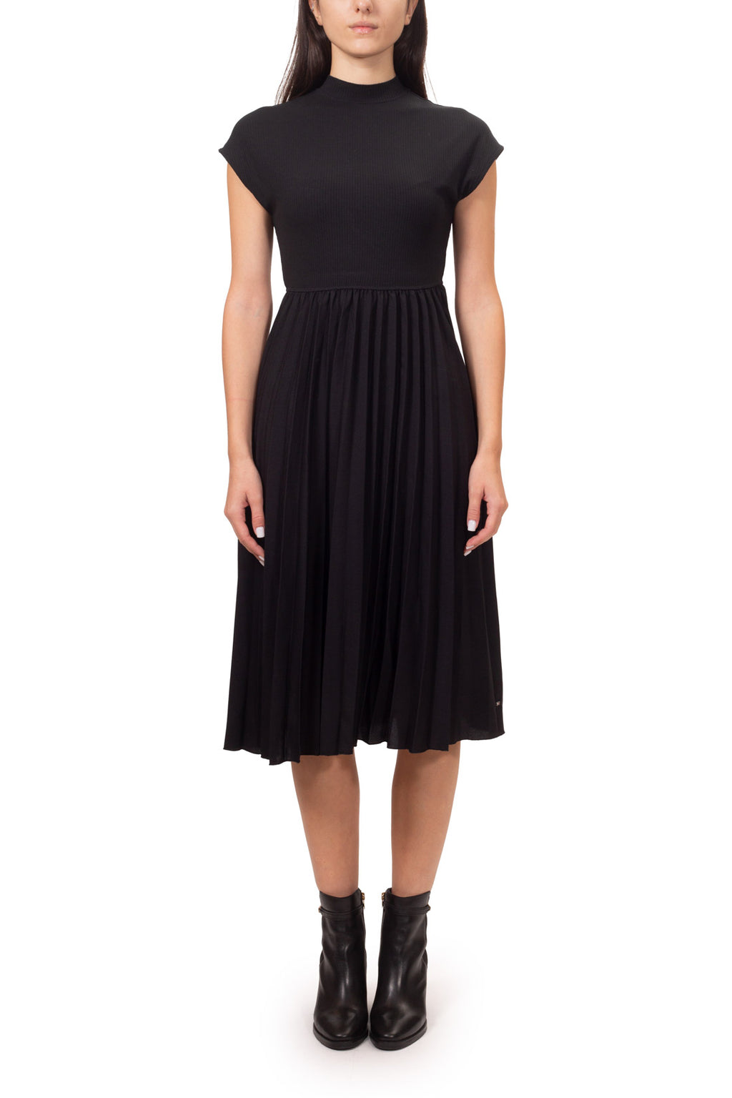 Black stretch viscose mock neck midi dress with ribbed top and pleated skirt — view 8