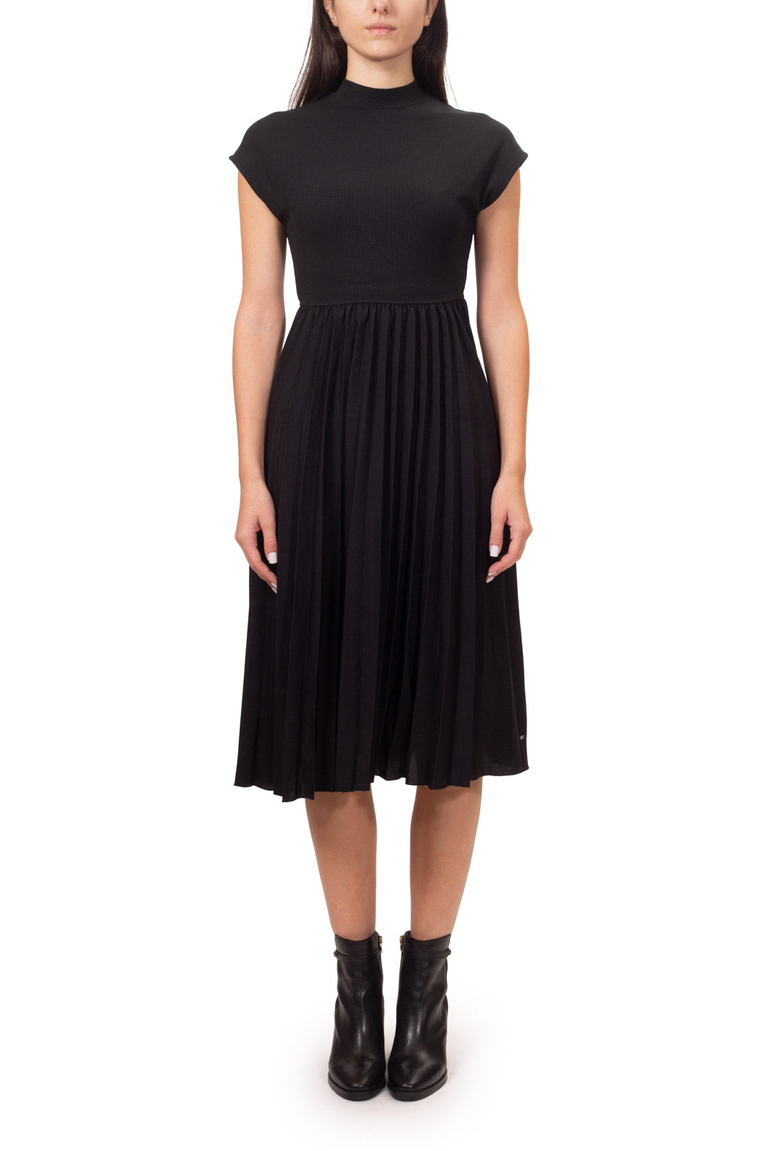 Black stretch viscose mock neck midi dress with ribbed top and pleated skirt — view 8
