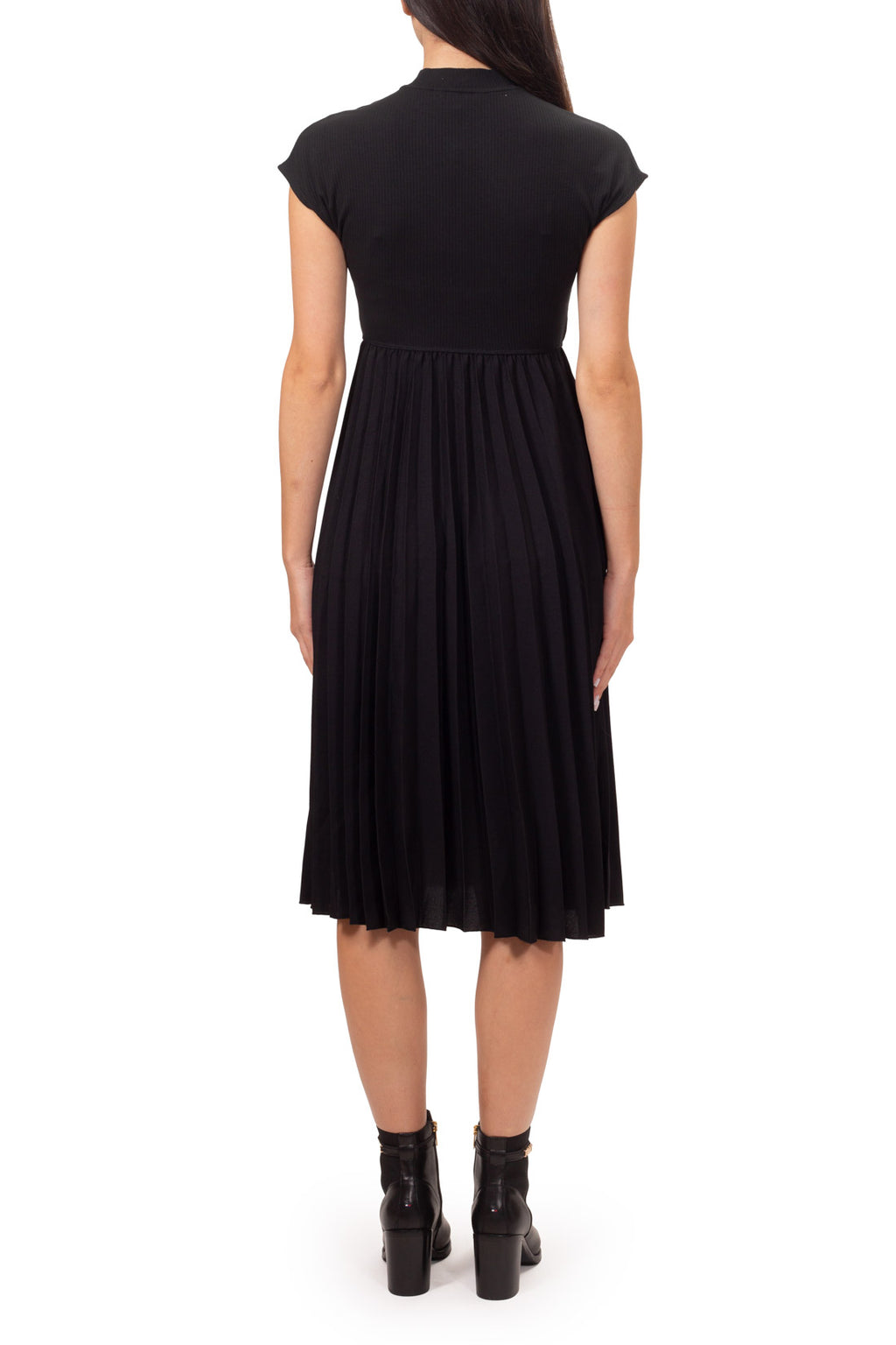 Black stretch viscose mock neck midi dress with ribbed top and pleated skirt — view 3