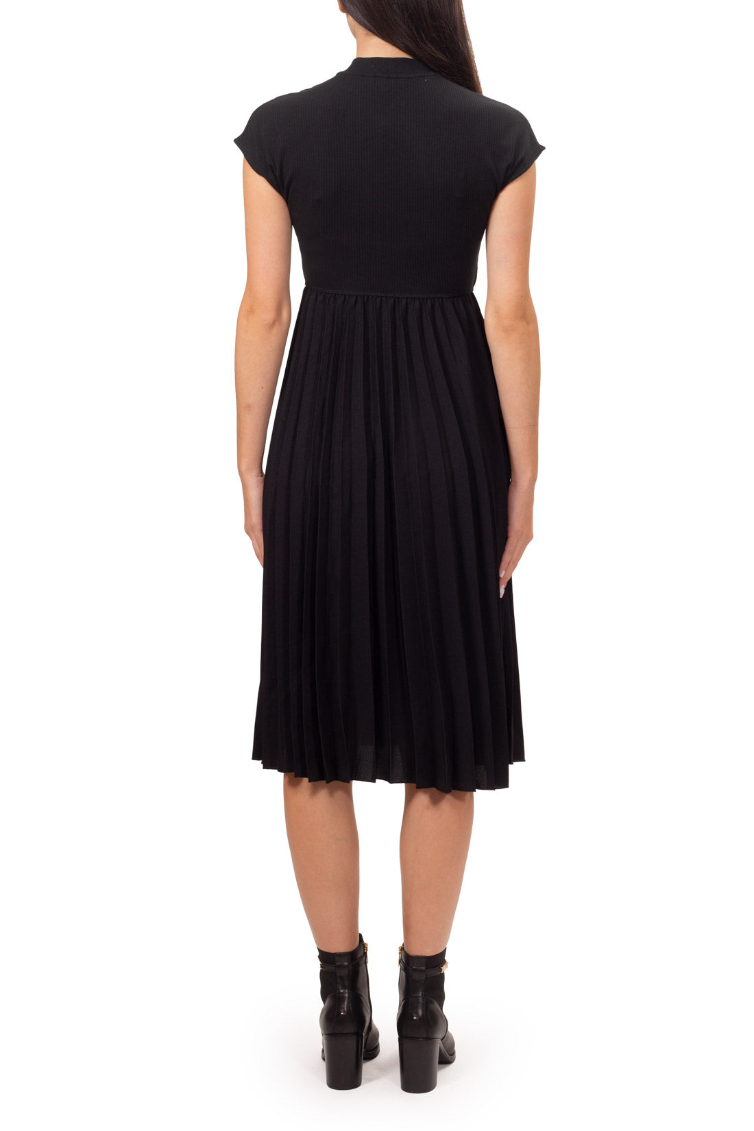 Black stretch viscose mock neck midi dress with ribbed top and pleated skirt — view 3